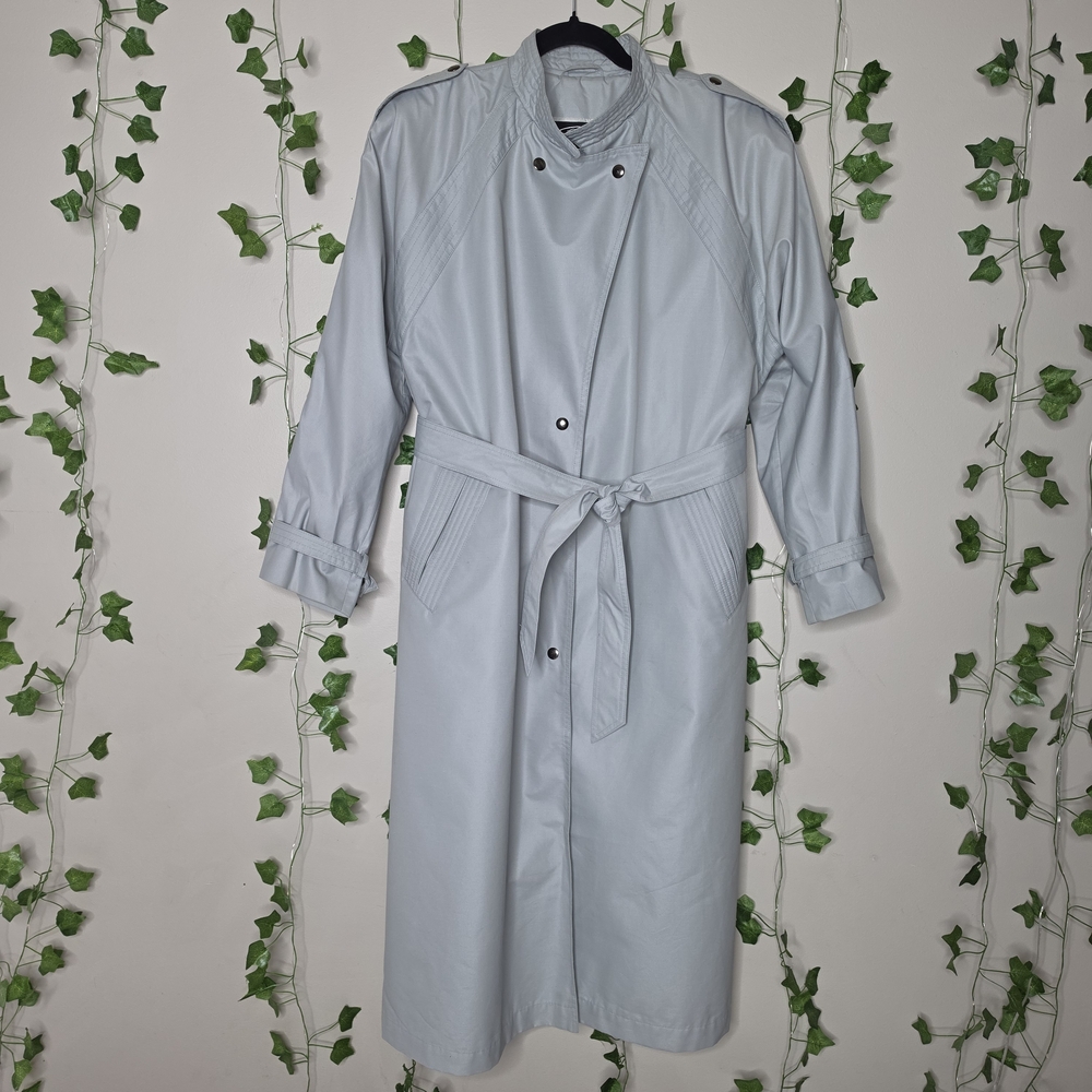Vintage Mock Neck Powder Blue gray mid-Long Trench Coat Size XL  Custom Petite